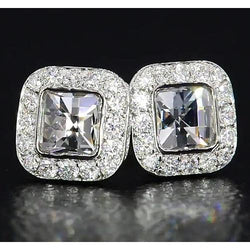 Asscher Diamond Halo Stud Earrings 4 Carats White Gold 14K Jewelry