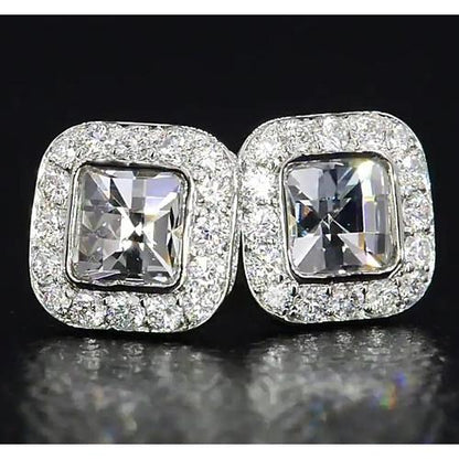 New Style Asscher Diamond Halo Stud Earrings  White Gold Jewelry 