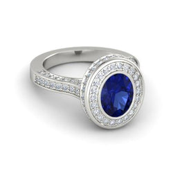 Bezel Set 3.40 Ct Halo Ceylon Sapphire And Diamonds Ring