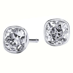 Bezel Set 4 Ct Old Mine Cut Diamonds Studs Earrings 14K White Gold