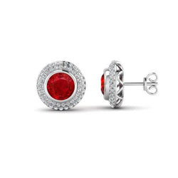 Bezel Set 5.20 Carats Ruby And Natural Earth Mined Diamonds Studs Earrings White Gold