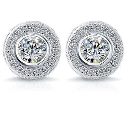 Bezel Set Round 3.40 Carats Diamond Stud Halo Earrings White Gold 14K