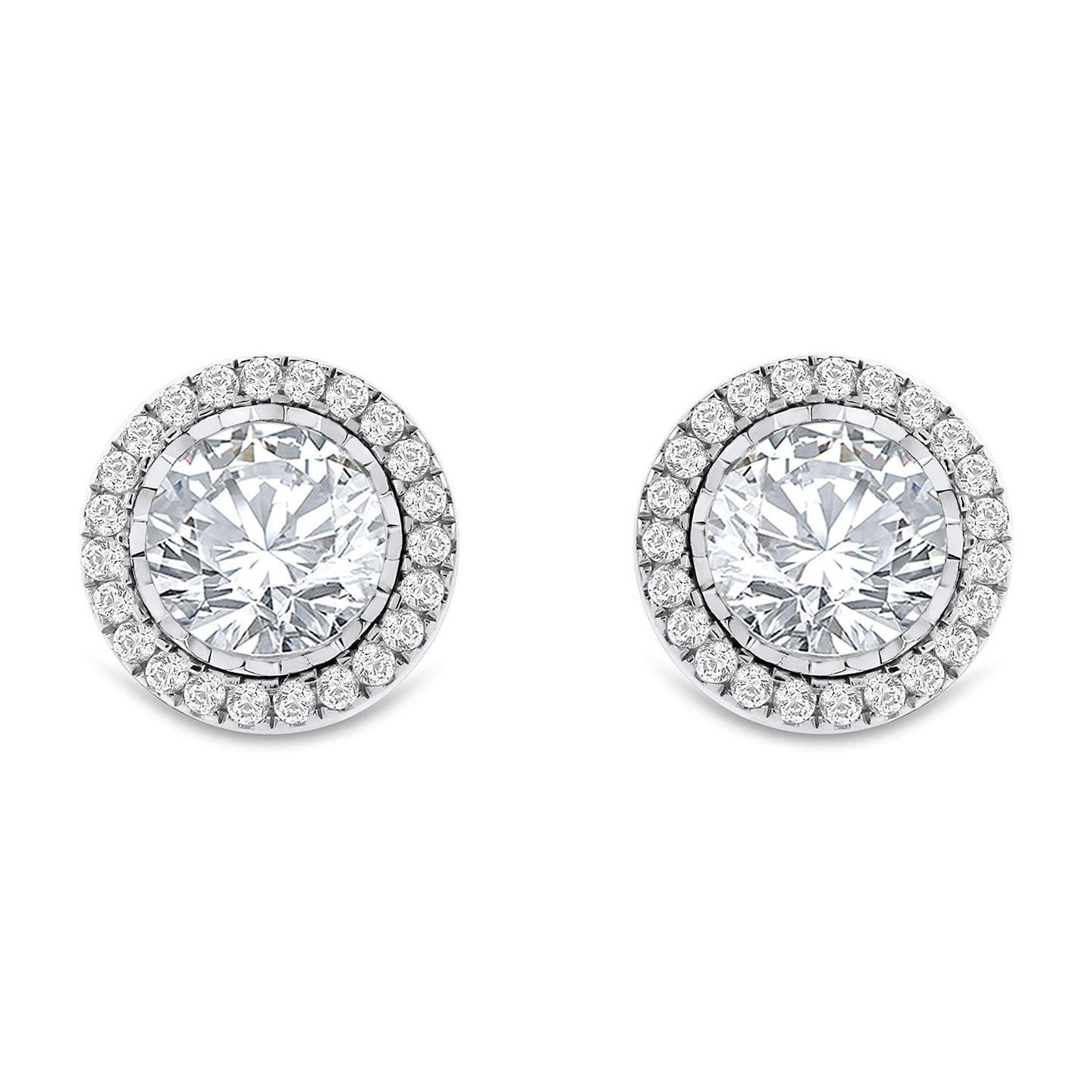 Bezel Set Women Studs Earrings 3.70 Carats Diamonds Gold White 14K Pave Halo Studs- Halo