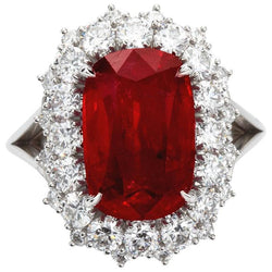 Big Cushion Cut Red Ruby With Diamond Ring White Gold 14K 7.25 Ct