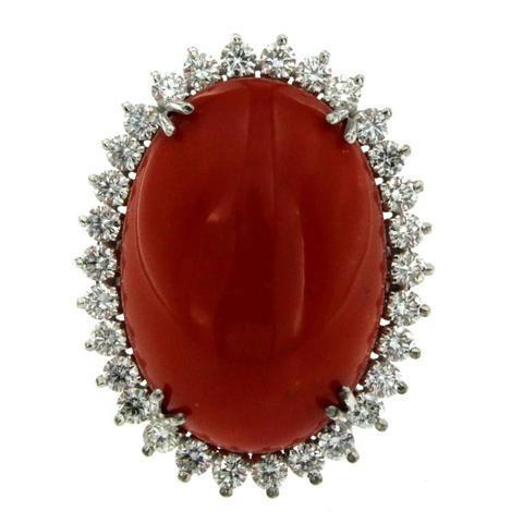 Big Oval Red Coral With Small Round Diamonds Fancy Lady’s Ring White Gold   Gemstone Ring