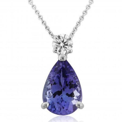 Big Pear Tanzanite And Round Diamond 18 Ct Pendant White Gold 14K Gemstone Pendant