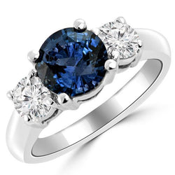 3 Stone Ceylon Blue Sapphire & Diamond Ring 4.50 Carats White Gold 14K