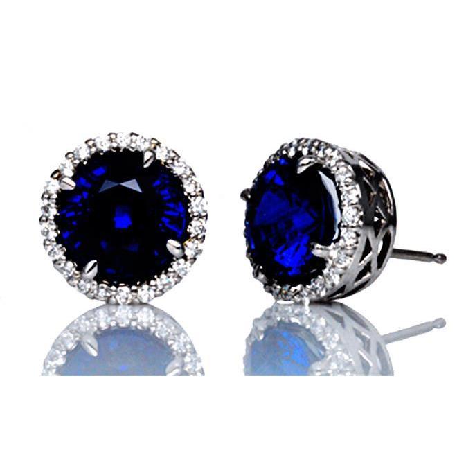 Ladies Brilliant Big Sri Lanka Blue Sapphire Diamonds   Studs Earring White Gold  
