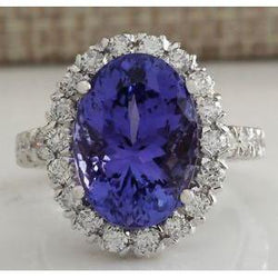 Big Tanzanite And Natural Earth Mined Diamonds 18 Carats Wedding Ring White Gold 14K