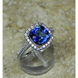 Blue Cushion Cut Sapphire Halo Diamond Wedding Ring 3.5 Ct Gold 14K