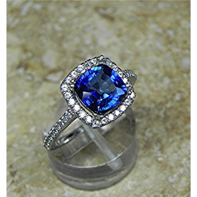 Sparkling Blue Cushion Cut Sapphire Halo Diamond Wedding Ring  Gold Gemstone Ring