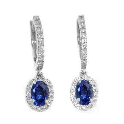 Blue Oval Cut Sapphire And Diamonds   Drop Earring White Gold Gemstone Earring