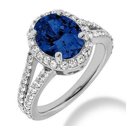 Blue Oval Cut Sapphire Diamond Ring White Gold 14K 2.40 Carats