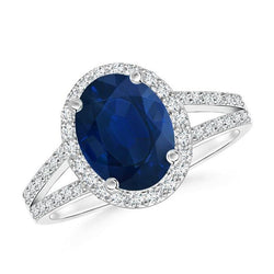 Blue Oval Sapphire Ring With Accents Diamond White Gold 14K 3.50 Ct