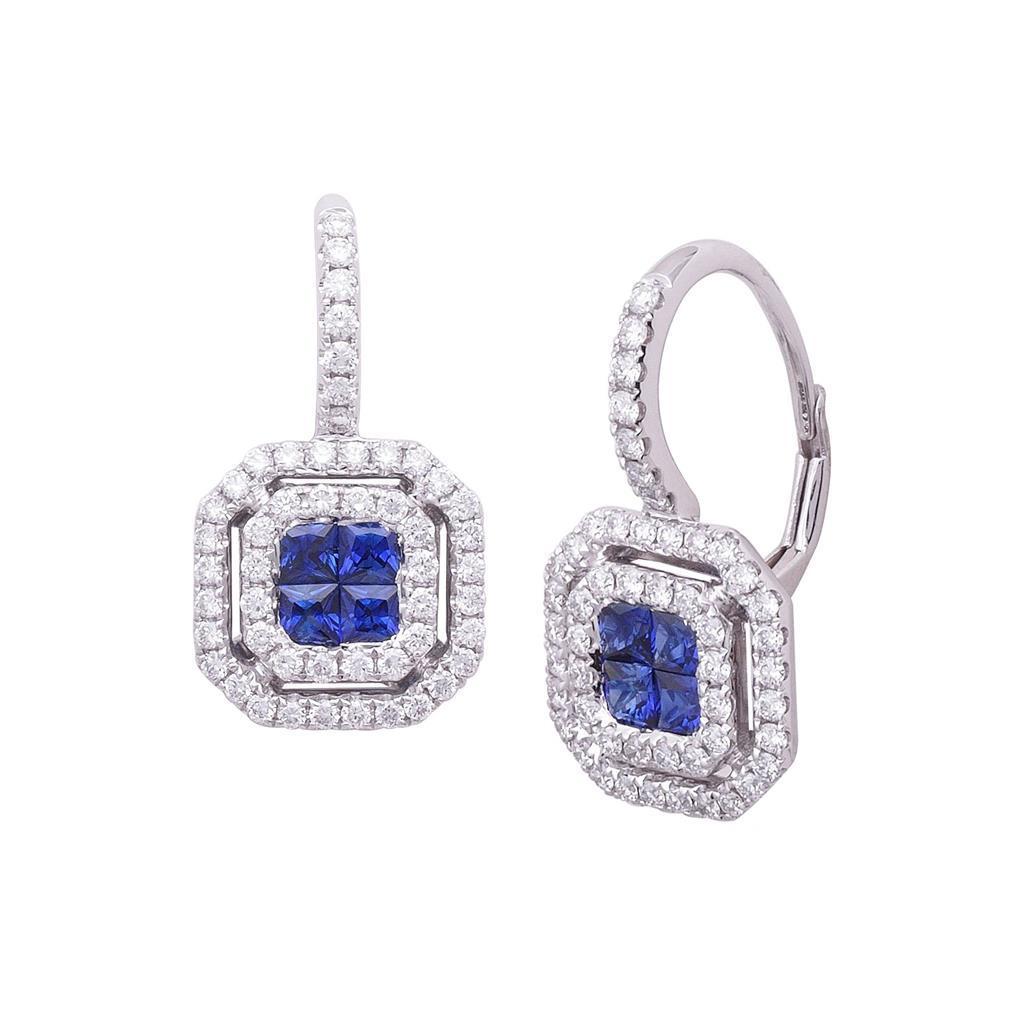 Blue Princess Sapphire And Round Diamond Drop Earring Gold 14K 2.30 Ct Gemstone Earring