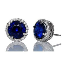 Blue Sapphire Halo Diamond Stud Earring Gold White 14K 5 Carats