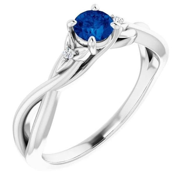 Blue Sapphire  Ring Twisted Shank White Gold  Gemstone Ring