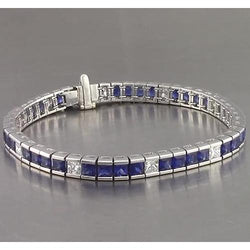 Blue Sapphire Tennis Bracelet Princess Cut 25 Carats White Gold 14K