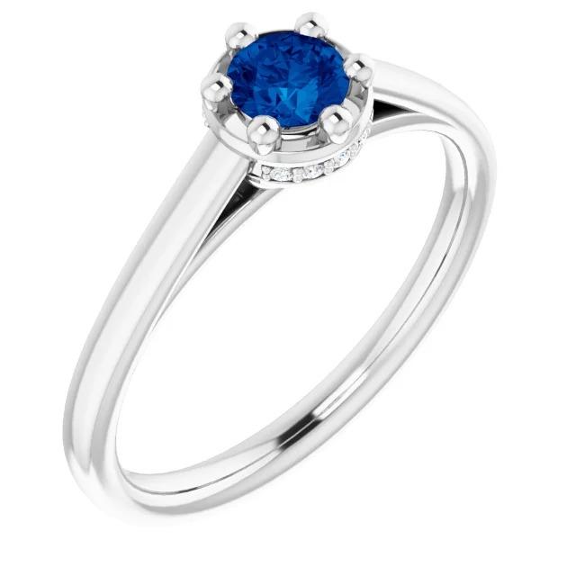 Blue Sapphire Round Ring Prong Style White Gold  Gemstone Ring