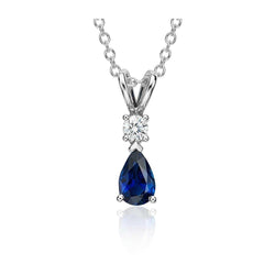 Blue Sapphire With Diamond Pendant Necklace 2 Carats 14K White Gold