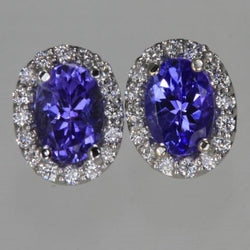 Blue Tanzanite And Natural Earth Mined Diamond 5.70 Carats Ladies Stud Earrings Halo