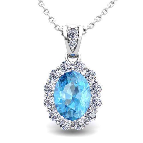 Blue Topaz And Diamonds Halo Pendant Necklace 10.90 Carats White Gold 14K Pendant