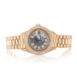 Bluish Gray Mop String Diamond Dial Ladies Yellow Gold Rolex Watch