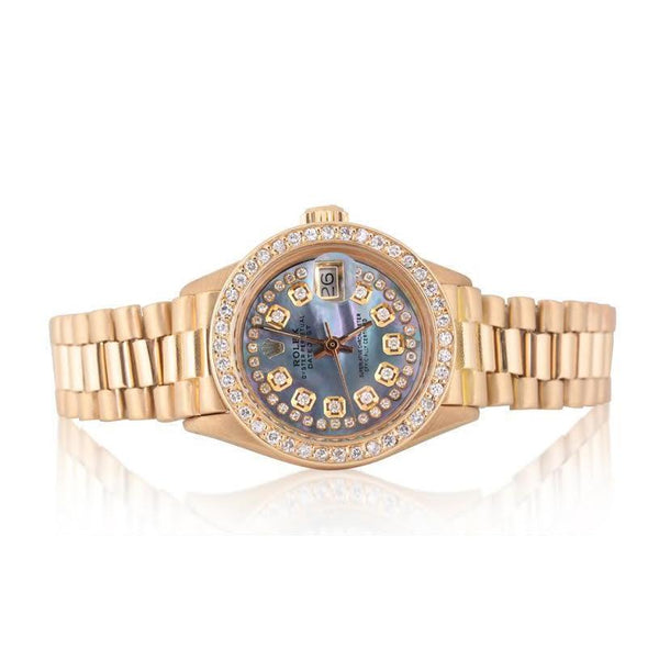 Bluish Gray Mop String Diamond Dial Ladies Yellow Gold Rolex Watch Rolex