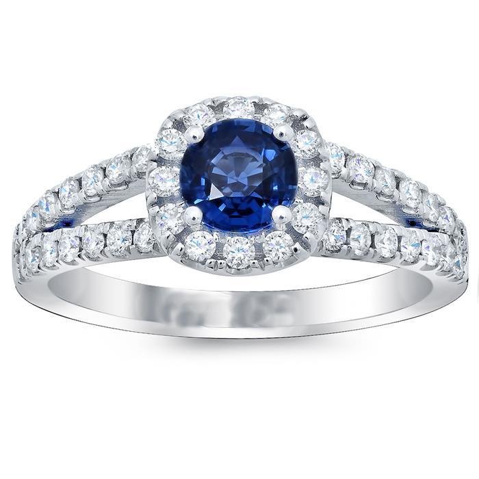 Womans weeding Ceylon Blue Sapphire Diamonds Round Cut 3.50 Ct Jewelry Halo White Gold Gemstone   Gemstone Ring