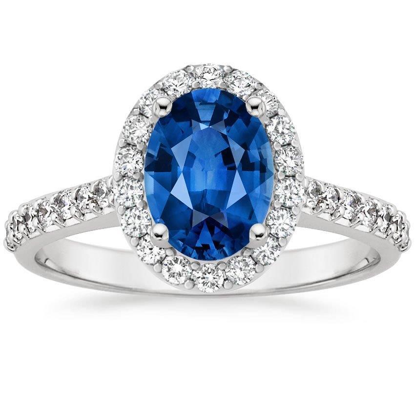Ceylon Blue Sapphire Halo Diamond  White Gold Oval  Gemstone Ring