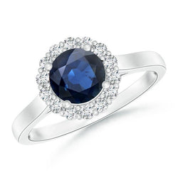 Ceylon Blue Sapphire Ring Round Diamond 2.45 Carats White Gold 14K