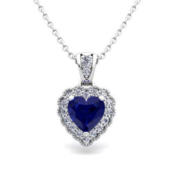 Ceylon Blue Sapphire Round Diamond Pendant Women Gold 14K 1.60 Ct.