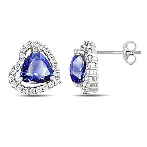 Lady’s  Round Anniversary  Ceylon Sapphire And Diamonds 6.80 Carat Heart Studs Halo Earrings  Gemstone Earring