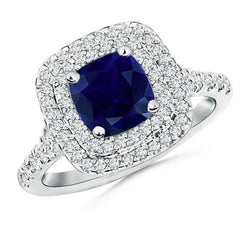 Ceylon Sapphire Double Halo Diamond Ring 4 Carat White Gold 14K