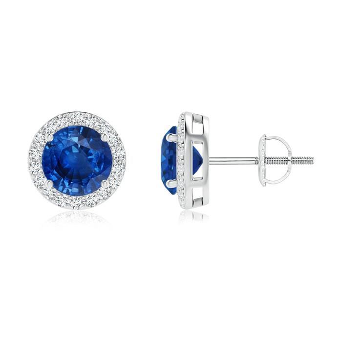 Ladies Brilliant Ceylon Sapphire Stud Earring Round Diamond  White Gold   Gemstone Earring