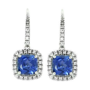 Ceylon  Fancy Princess Cut Style  Sapphire With Diamonds Women Dang   White Gold   Gemstone Earring
