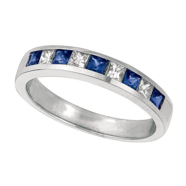 Channel Setting 0.72 Carats Sapphire And Princess Cut Diamond Ring Eternity Band White Gold 14K Gemstone Ring