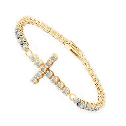 Real  Cross Diamond Tennis Bracelet 12 Carats Yellow Gold Round Cut Jewelry
