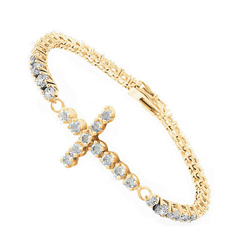 Cross Lab Grown Diamond Tennis Bracelet 12 Carats Yellow Gold Round Cut Jewelry