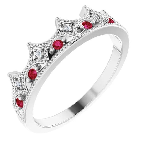 Crown Style Diamond & Ruby Stone Ring White Gold 14K 1.40 Carats Gemstone Ring
