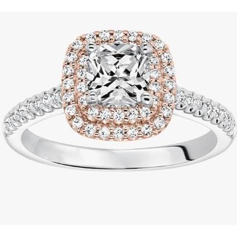Cushion And Round Cut 2.60 Ct Diamonds Ring Two Tone Gold 14K Ring