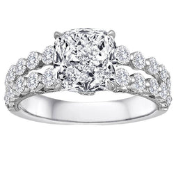 Cushion And Round Natural Earth Mined Diamond Ring Split Shank 4.50 Carats White Gold 14K