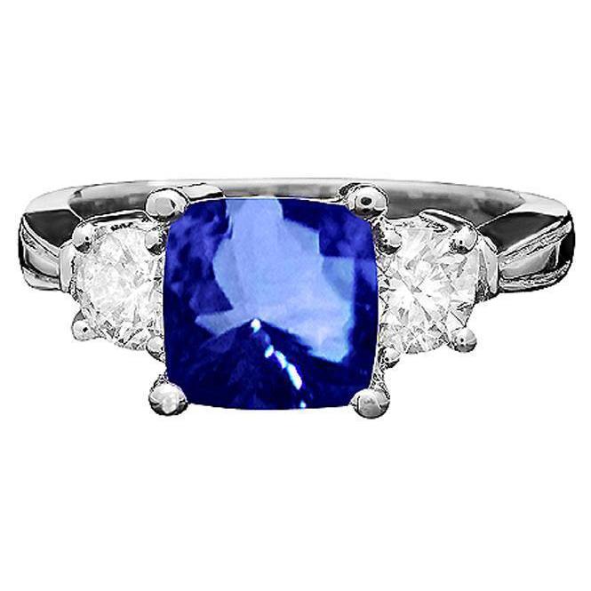 Cushion Ceylon Sapphire Round Diamonds 4.51 Carat 3-Stone Ring Gold Gemstone Ring