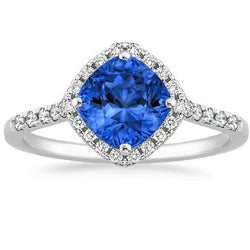 Cushion Cut Blue Sapphire & Round Diamond Ring 3 Ct. White Gold 14K