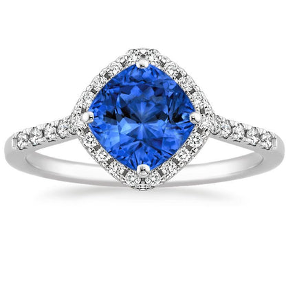 Ladies Style Cushion Cut Blue Sapphire And Round Diamond Ring White Gold  Gemstone Ring