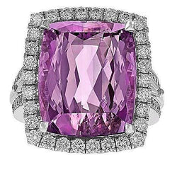 Cushion Cut Pink Kunzite Natural Earth Mined Diamond Fancy Ring 16.20 Carats White Gold