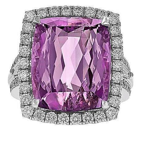 Cushion Cut Pink Kunzite And Diamond Fancy Ring White Gold 14K Gemstone Ring