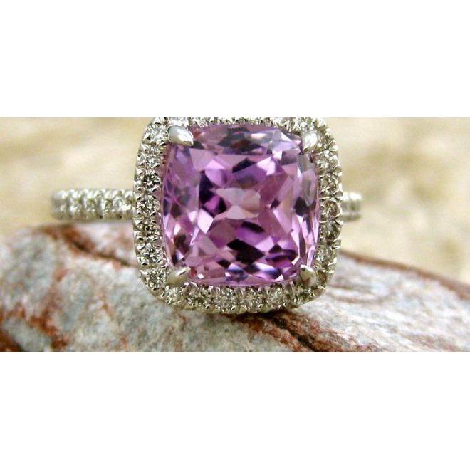 Cushion Cut Pink Kunzite And Diamond Ring White Gold 14K 31.25 Ct Gemstone Ring