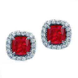 Cushion Ruby With Diamonds 7.50 Ct Studs Earrings White Gold 14K