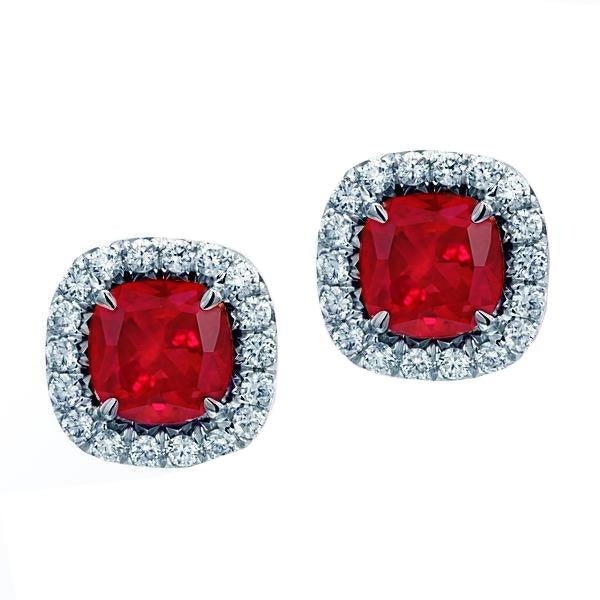  Cushion Ruby With Diamonds   Studs  Ladies New weeding  Earrings White Gold